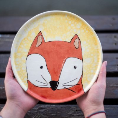 Red Fox Plate 25 CM | Handmade Children Plate | Animal Decorated Dish | Handmade Vivid Colors Fox Decor | Fox Happy Meal Plate