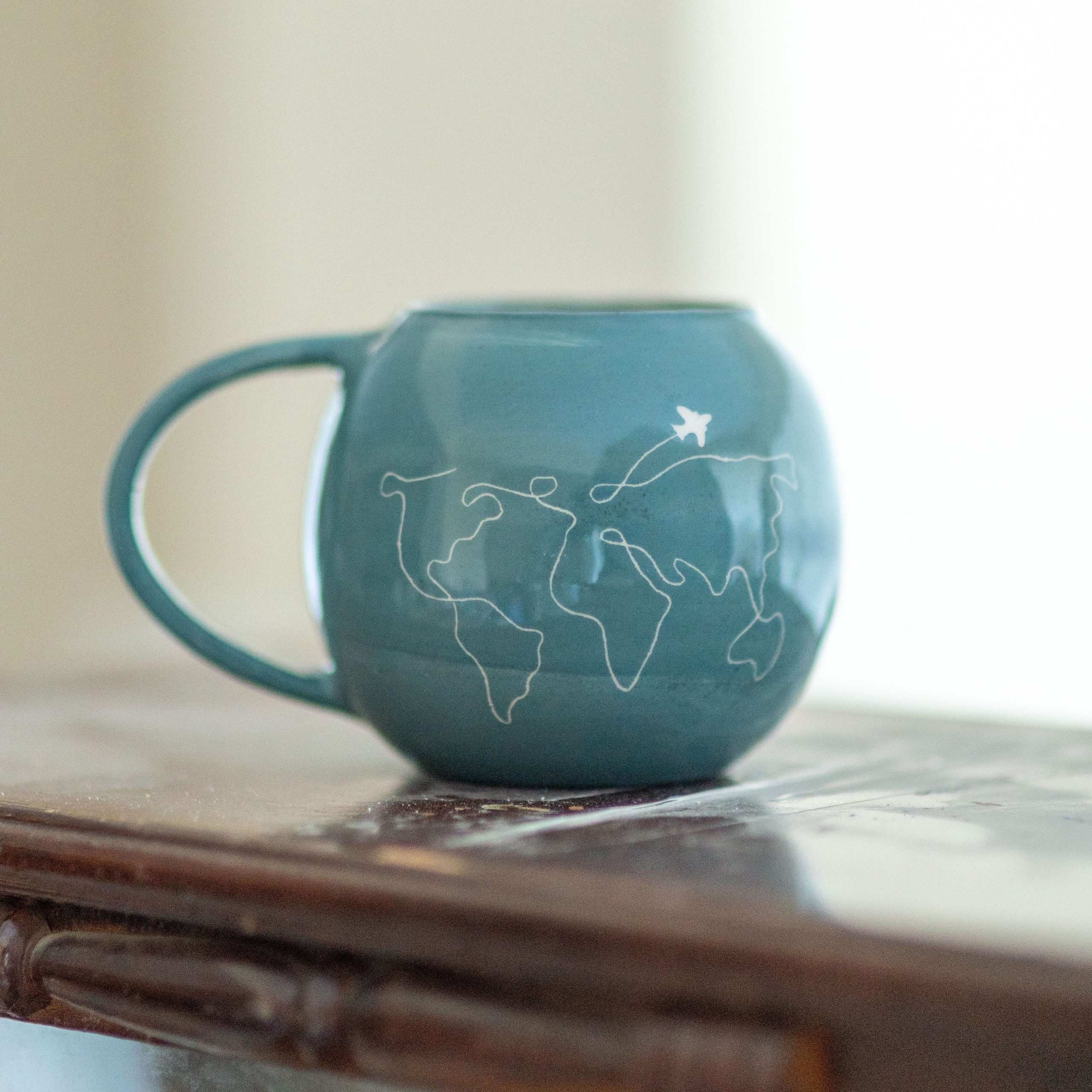 Travel Mug, Handmade Pottery Mug, World Map Coffee Mug
